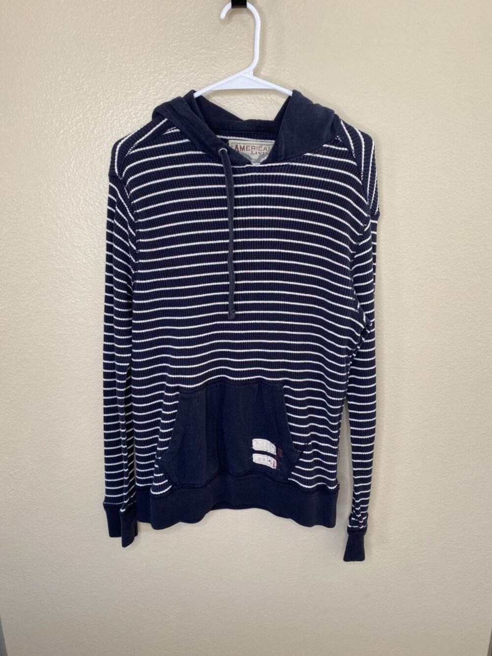 American Living Womens Striped Navy Pullover Hoodie  Pocket M Cotton/Polyester